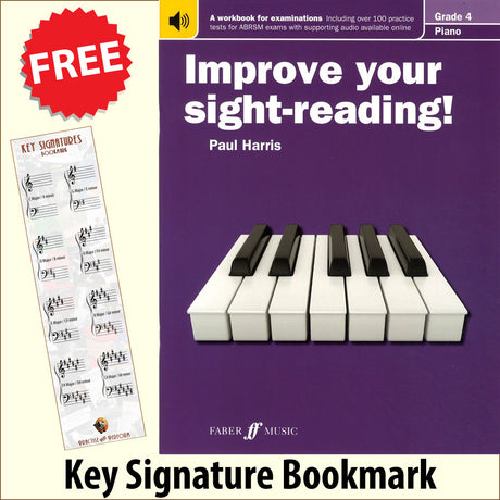 front cover of Improve Your Sight-Reading Piano Grade 4 together with free Piano Clef bookmark