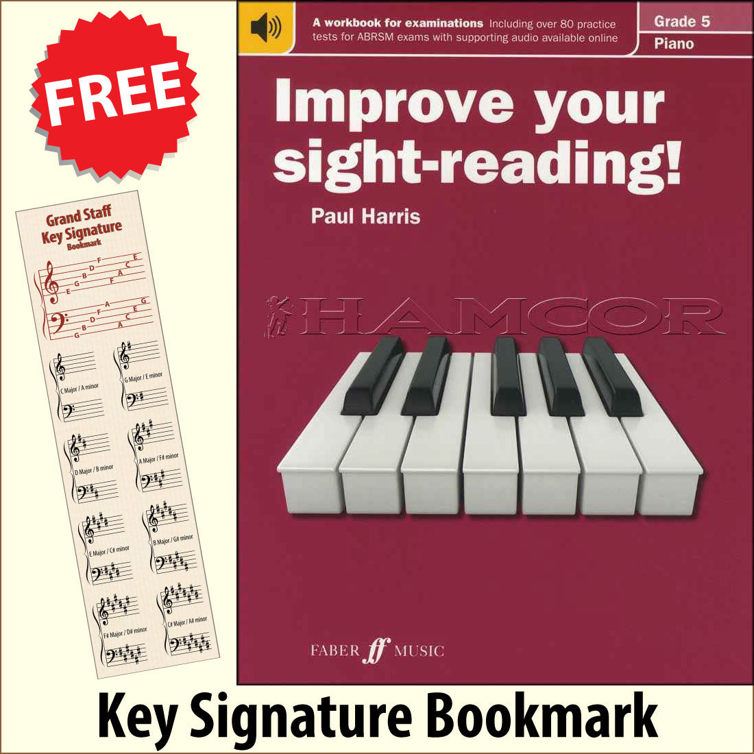 front cover of Improve Your Sight-Reading Piano Grade 5 together with free Piano Clef bookmark