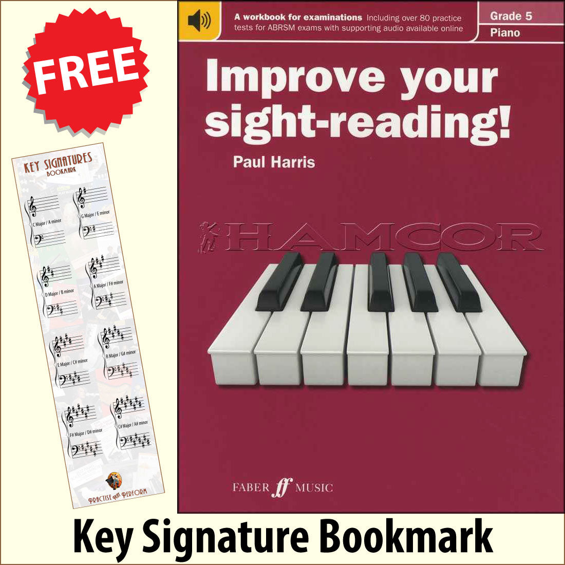 front cover of Improve Your Sight-Reading Piano Grade 5 together with free Piano Clef bookmark