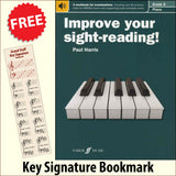 front cover of Improve Your Sight-Reading Piano Grade 6 together with free Piano Clef bookmark