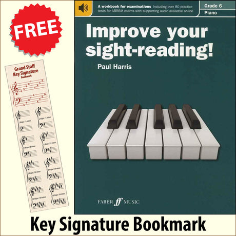 front cover of Improve Your Sight-Reading Piano Grade 6 together with free Piano Clef bookmark