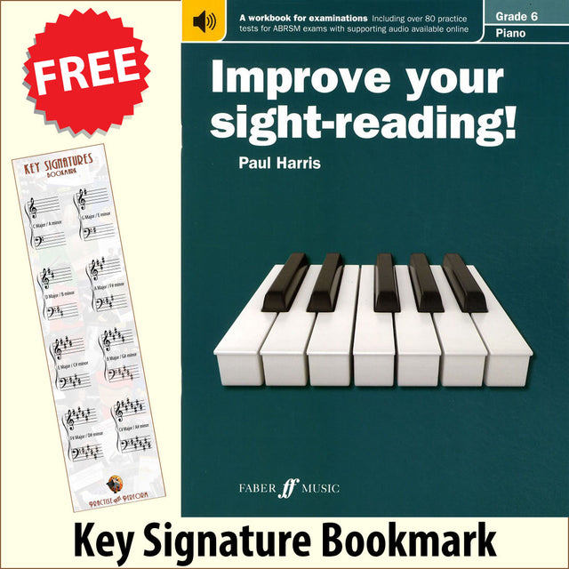 front cover of Improve Your Sight-Reading Piano Grade 6 together with free Piano Clef bookmark