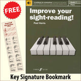 front cover of Improve Your Sight-Reading Piano Grade 7 together with free Piano Clef bookmark