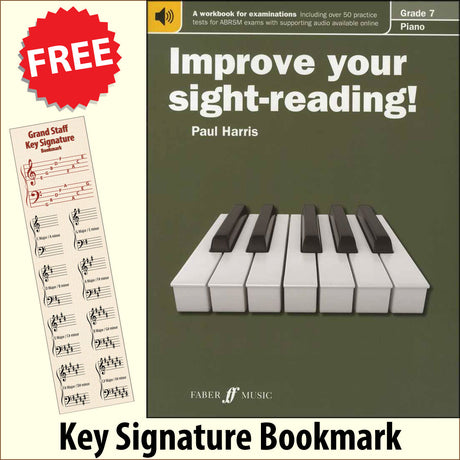 front cover of Improve Your Sight-Reading Piano Grade 7 together with free Piano Clef bookmark