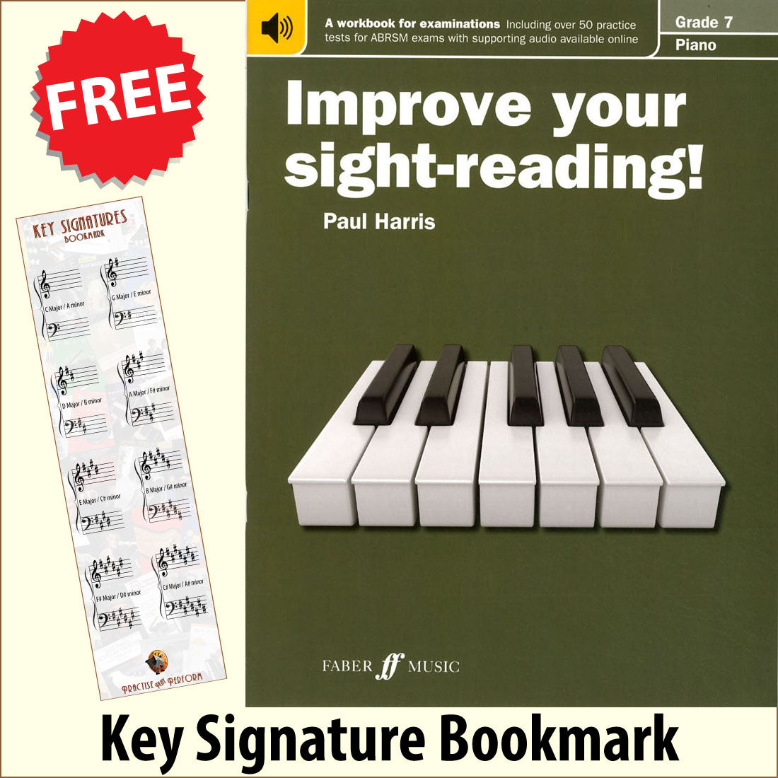 front cover of Improve Your Sight-Reading Piano Grade 7 together with free Piano Clef bookmark