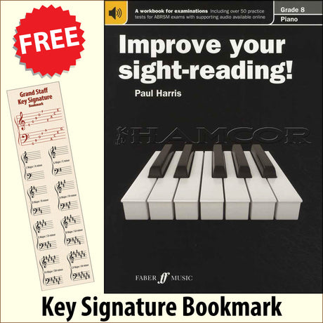 front cover of Improve Your Sight-Reading Piano Grade 8 together with free Piano Clef bookmark