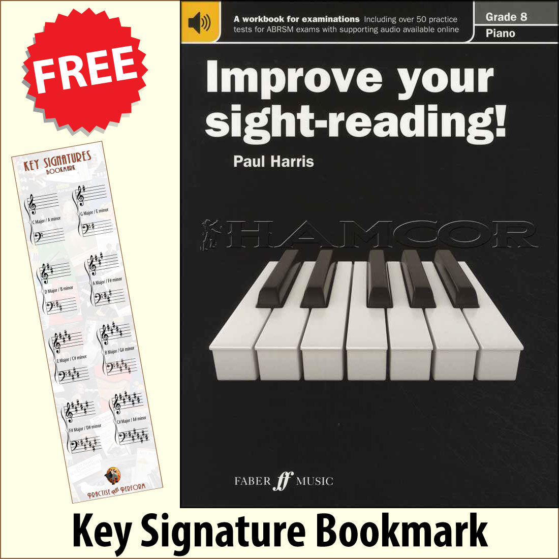 front cover of Improve Your Sight-Reading Piano Grade 8 together with free Piano Clef bookmark