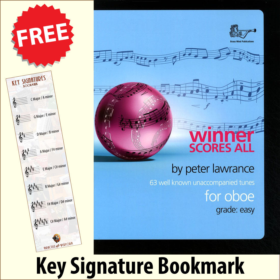 front cover of Winner Scores All for Oboe Book Only together with free Treble Clef bookmark