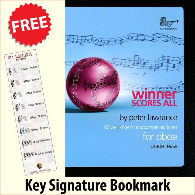 front cover of Winner Scores All for Oboe Book Only together with free Treble Clef bookmark