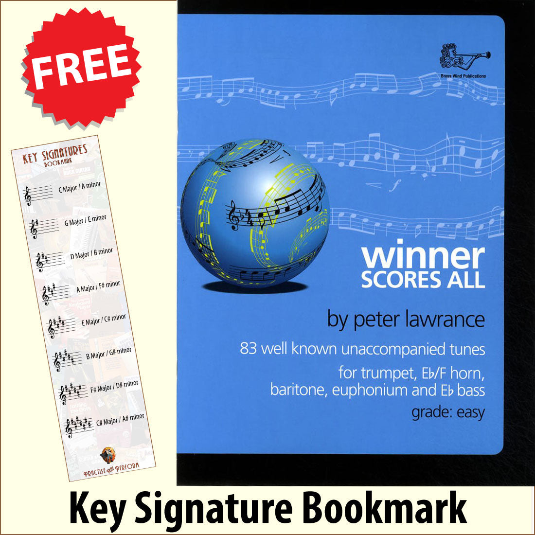 front cover of Winner Scores All Trumpet Horn Baritone Book Only together with free Treble Clef bookmark