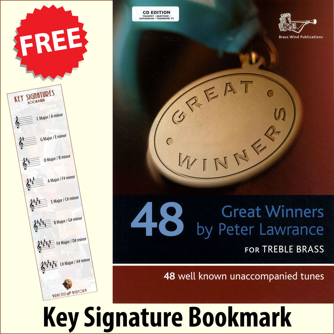 front cover of Great Winners for Trumpet Euphonium Trombone Book/CD together with free Treble Clef bookmark