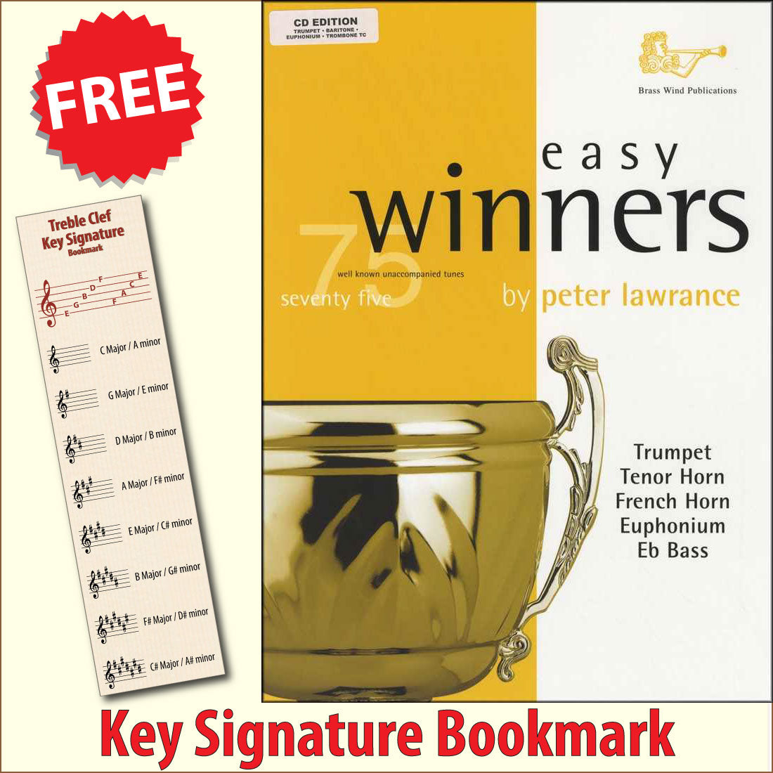 front cover of Easy Winners for Trumpet Euphonium Trombone Book/CD together with free Treble Clef bookmark