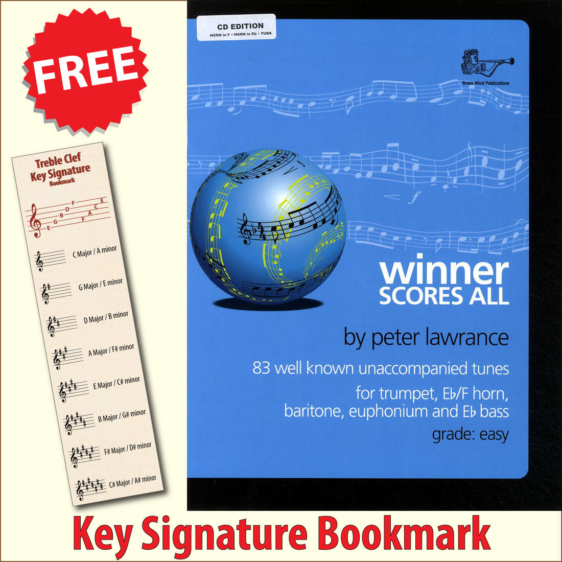 front cover of Winner Scores All Horn in F Horn in Eb Tuba Book/CD together with free Treble Clef bookmark
