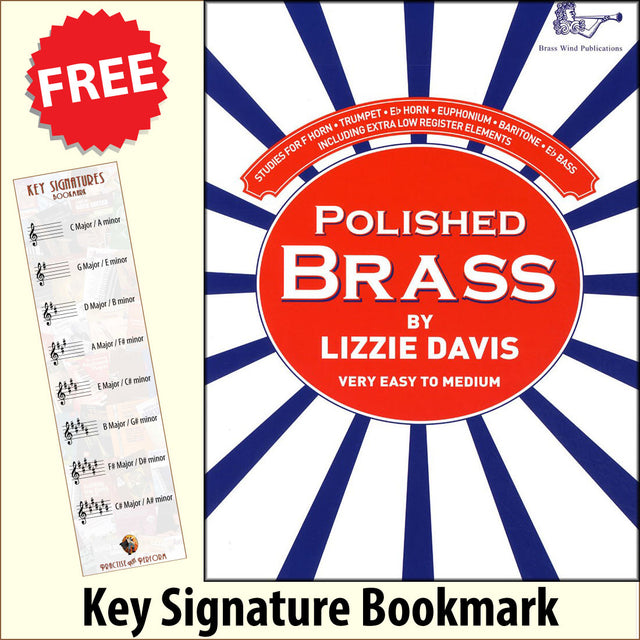 front cover of Polished Brass Studies for Trumpet F/Eb Horn Euphonium Baritone by Lizzie Davis together with free Treble Clef bookmark