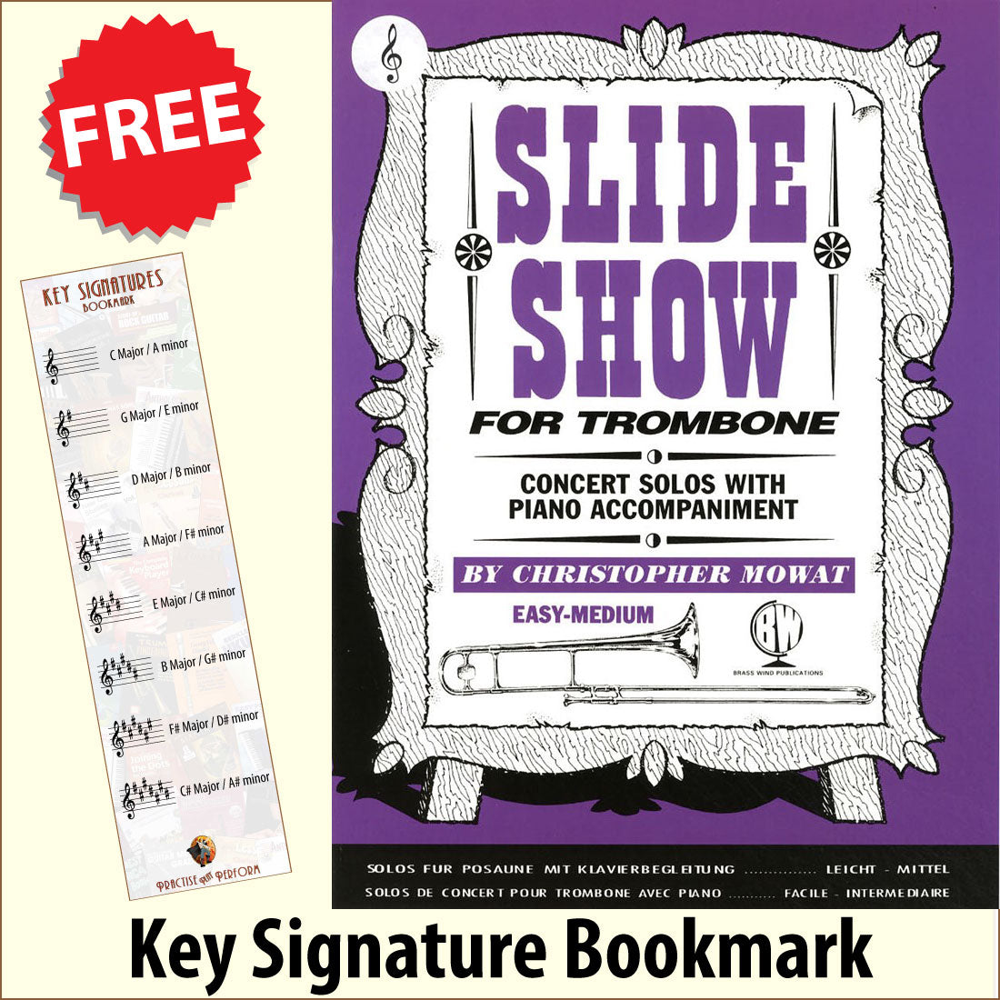 front cover of Slide Show for Trombone Treble Clef Book Only by Christopher Mowat together with free Treble Clef bookmark