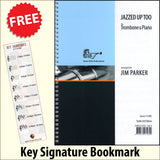 front cover of Jazzed Up Too for Trombone Treble Clef by Jim Parker together with free Treble Clef bookmark