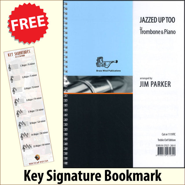 front cover of Jazzed Up Too for Trombone Treble Clef by Jim Parker together with free Treble Clef bookmark