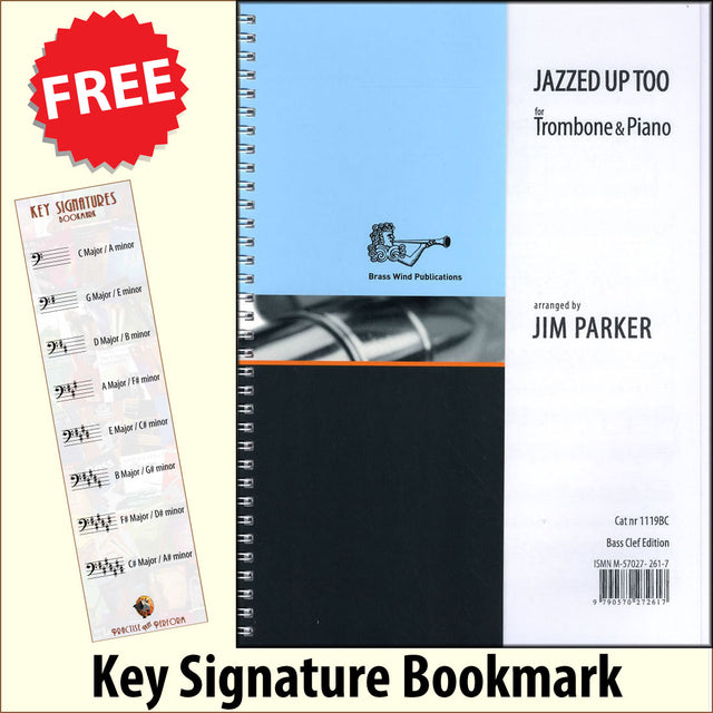 front cover of Jazzed Up Too for Trombone Bass Clef by Jim Parker together with free Bass Glef bookmark