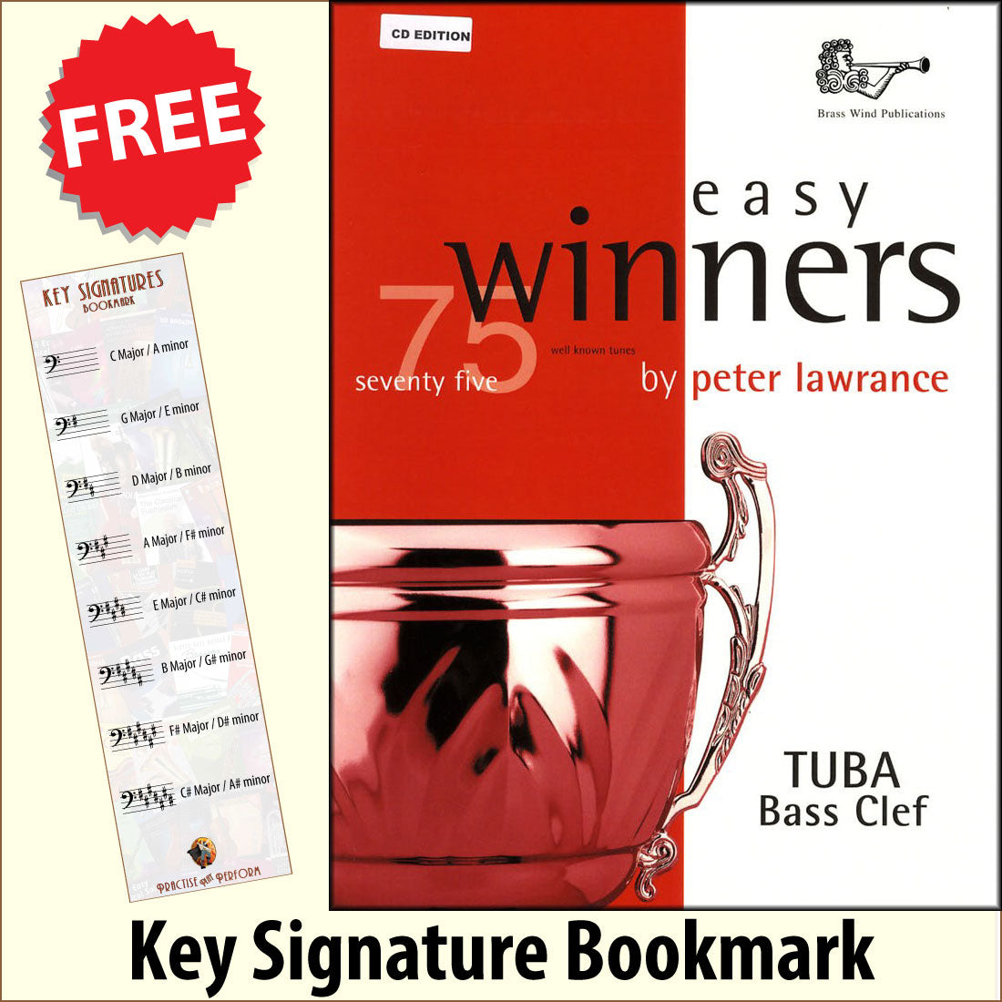 front cover of Easy Winners for Tuba Bass Clef Book/CD together with free Bass Glef bookmark
