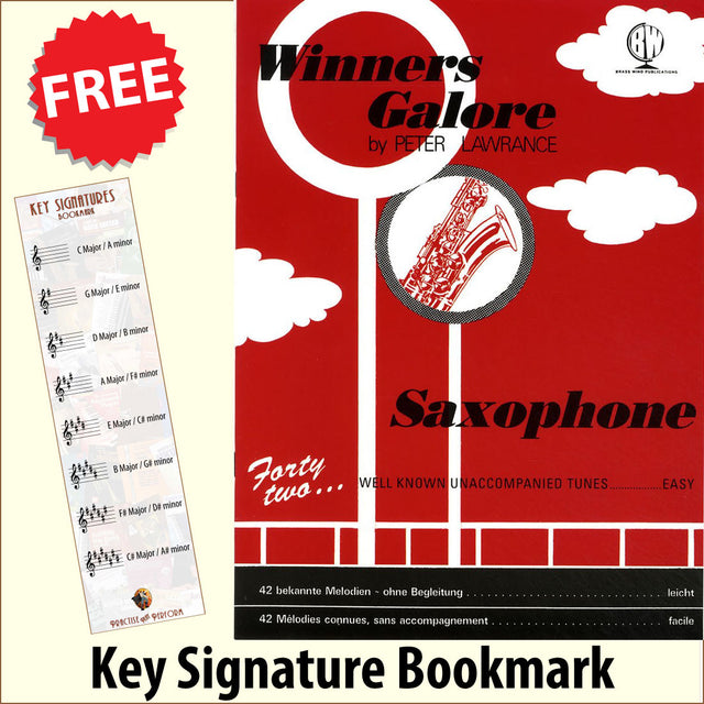 front cover of Winners Galore for Saxophone together with free Treble Clef bookmark