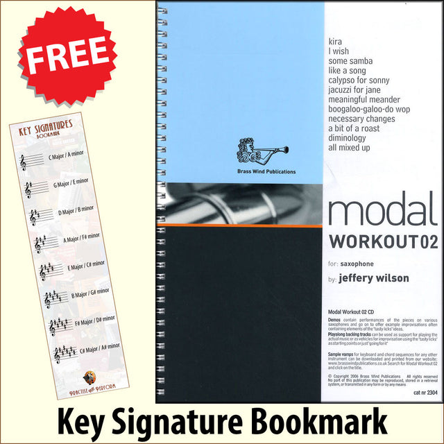 front cover of Modal Workout 02 for Alto Saxophone Book/CD by Jeffery Wilson together with free Treble Clef bookmark