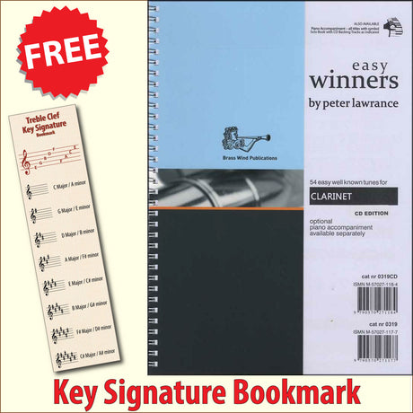 front cover of Easy Winners for Clarinet Book/CD together with free Treble Clef bookmark