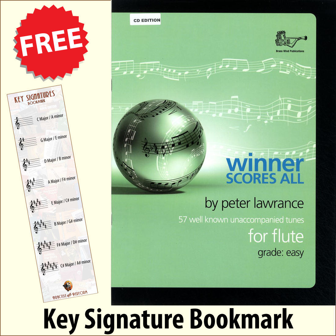 front cover of Winner Scores All Flute Book/CD together with free Treble Clef bookmark