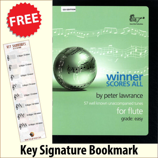 front cover of Winner Scores All Flute Book/CD together with free Treble Clef bookmark