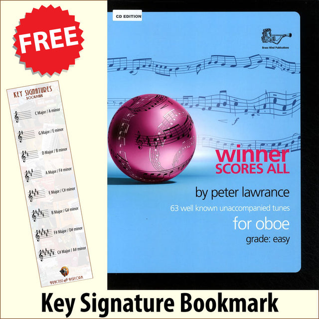 front cover of Winner Scores All Oboe Book/CD together with free Treble Clef bookmark