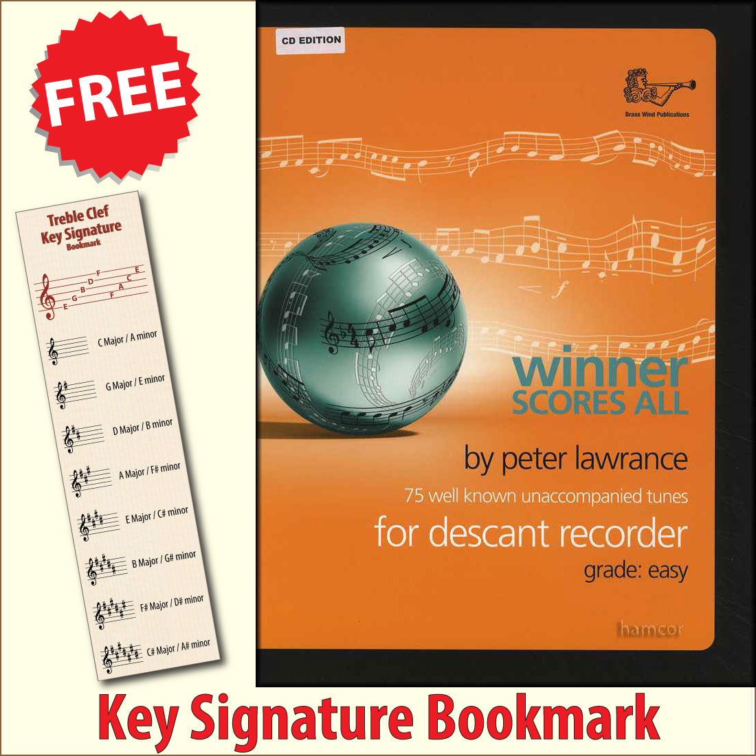 front cover of Winner Scores All for Descant Recorder Book/CD together with free Treble Clef bookmark