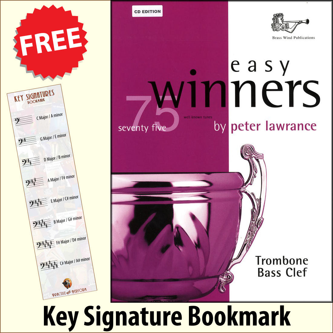 front cover of Easy Winners for Trombone Bass Clef Book/CD together with free Bass Glef bookmark
