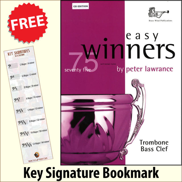 front cover of Easy Winners for Trombone Bass Clef Book/CD together with free Bass Glef bookmark