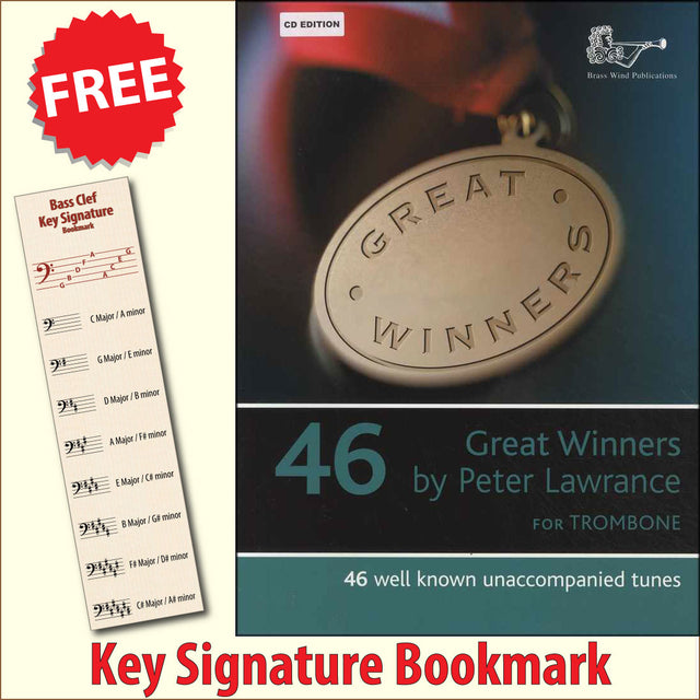 front cover of Great Winners Trombone Bass Clef Book/CD together with free Bass Glef bookmark