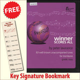 front cover of Winner Scores All Trombone Bass Clef Book/CD together with free Bass Glef bookmark