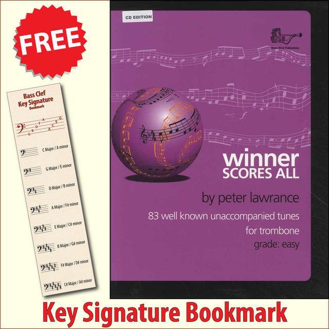 front cover of Winner Scores All Trombone Bass Clef Book/CD together with free Bass Glef bookmark