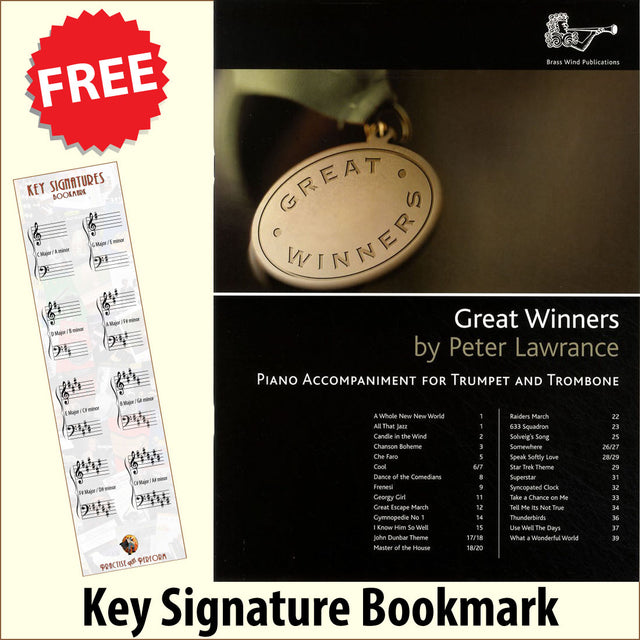 front cover of Great Winners Piano Accompaniment for Trumpet Trombone together with free Piano Clef bookmark
