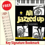 front cover of All Jazzed Up for Eb Horn together with free Treble Clef bookmark