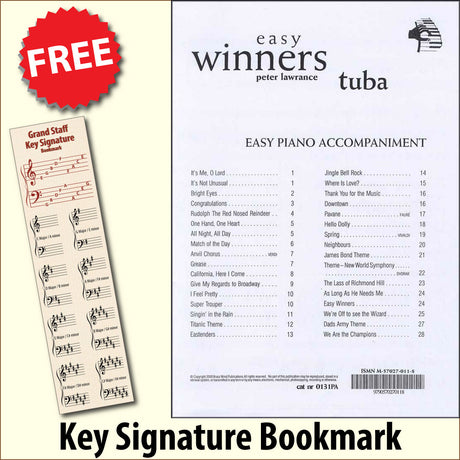 front cover of Easy Winners Piano Accompaniment for Tuba together with free Grand Staff bookmark