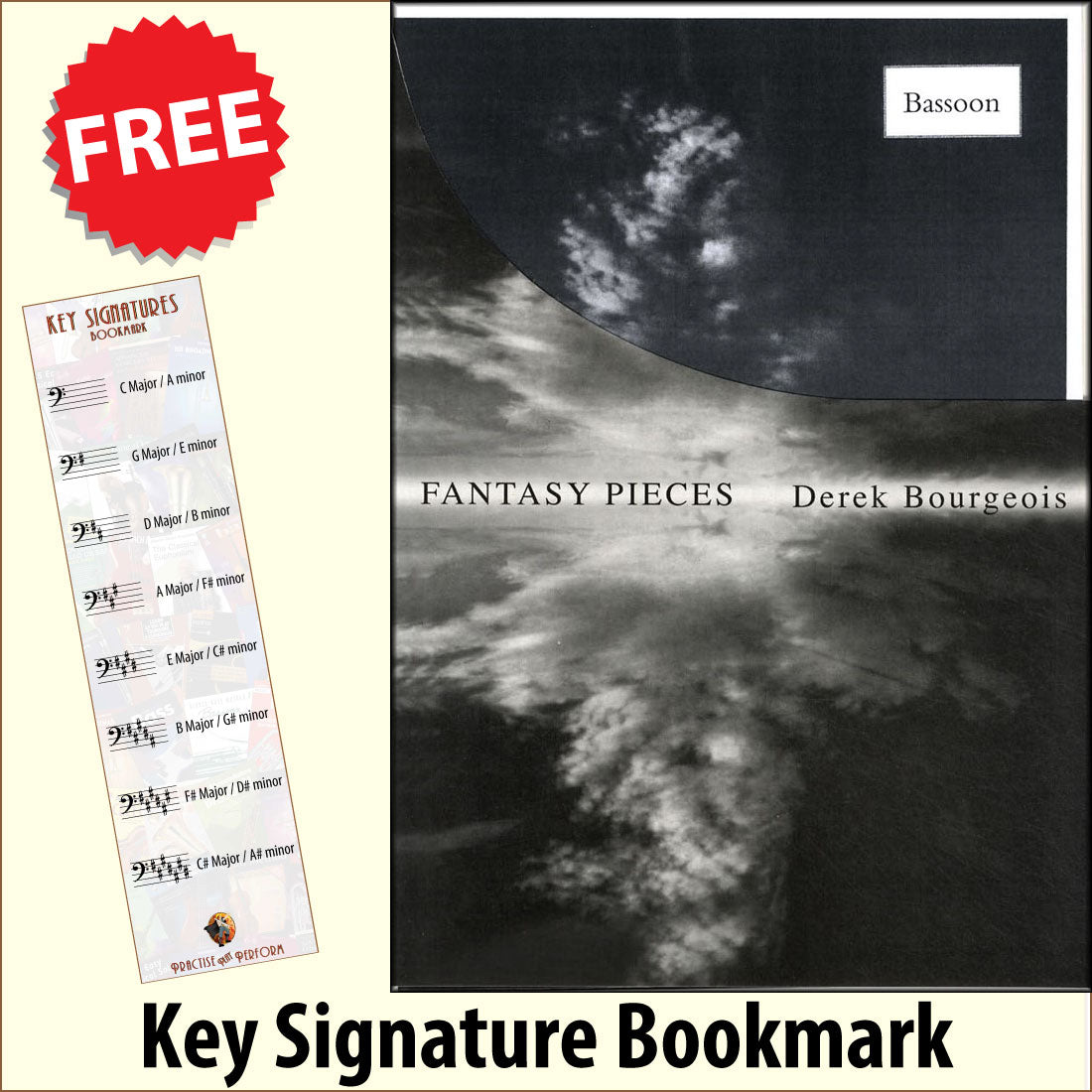 front cover of Fantasy Pieces for Bassoon by Derek Bourgeois together with free Bass Glef bookmark