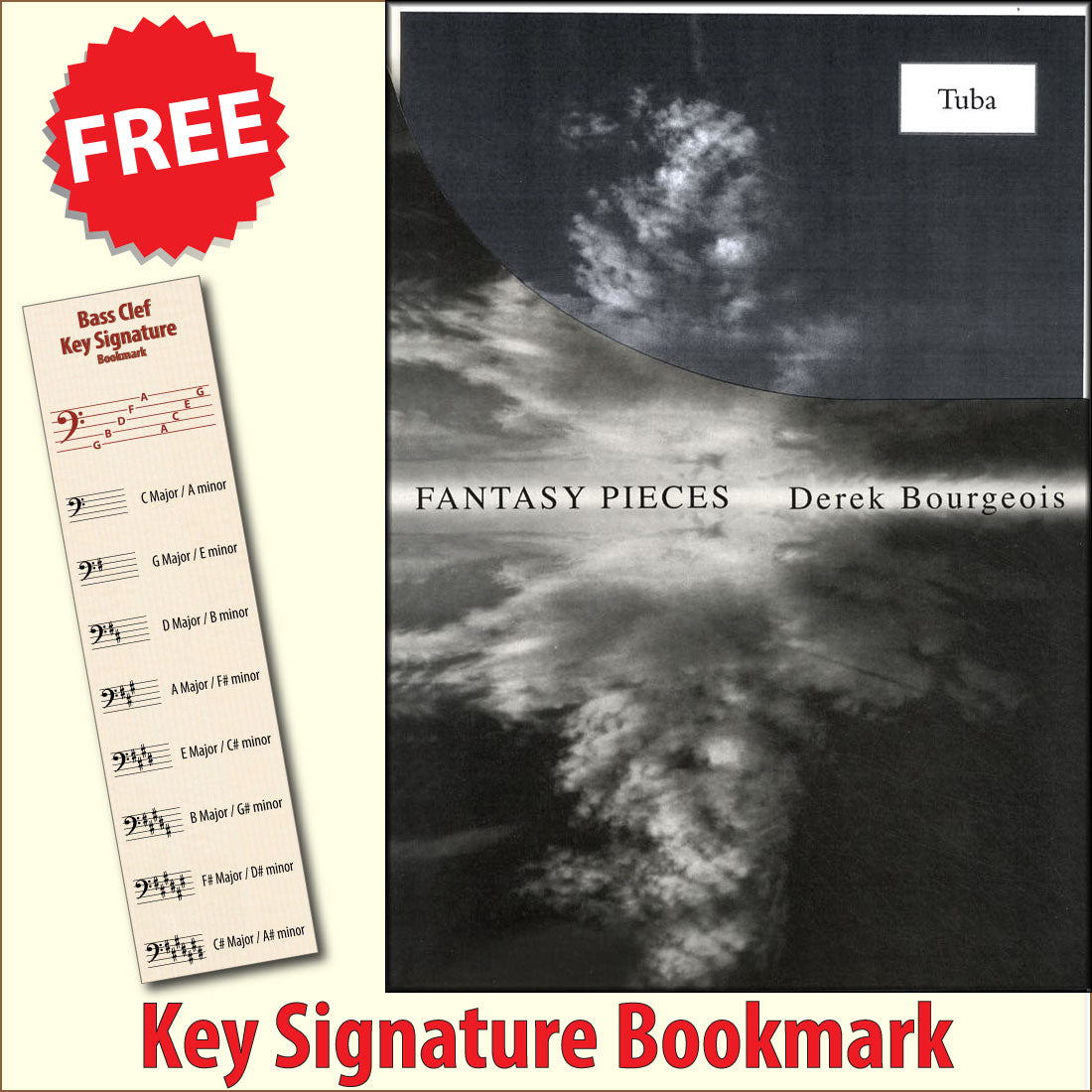 front cover of Fantasy Pieces for Tuba Bass Clef by Derek Bourgeois together with free Bass Glef bookmark