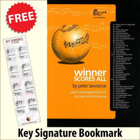 front cover of Winner Scores All Piano Accompaniment for Trumpet/Trombone together with free Piano Clef bookmark