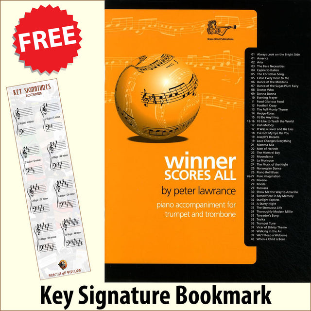 front cover of Winner Scores All Piano Accompaniment for Trumpet/Trombone together with free Piano Clef bookmark