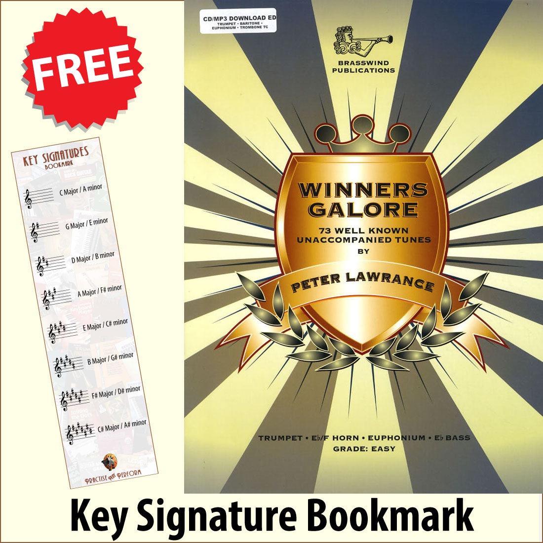 front cover of Winners Galore Trumpet Euphonium Trombone Book/CD together with free Treble Clef bookmark