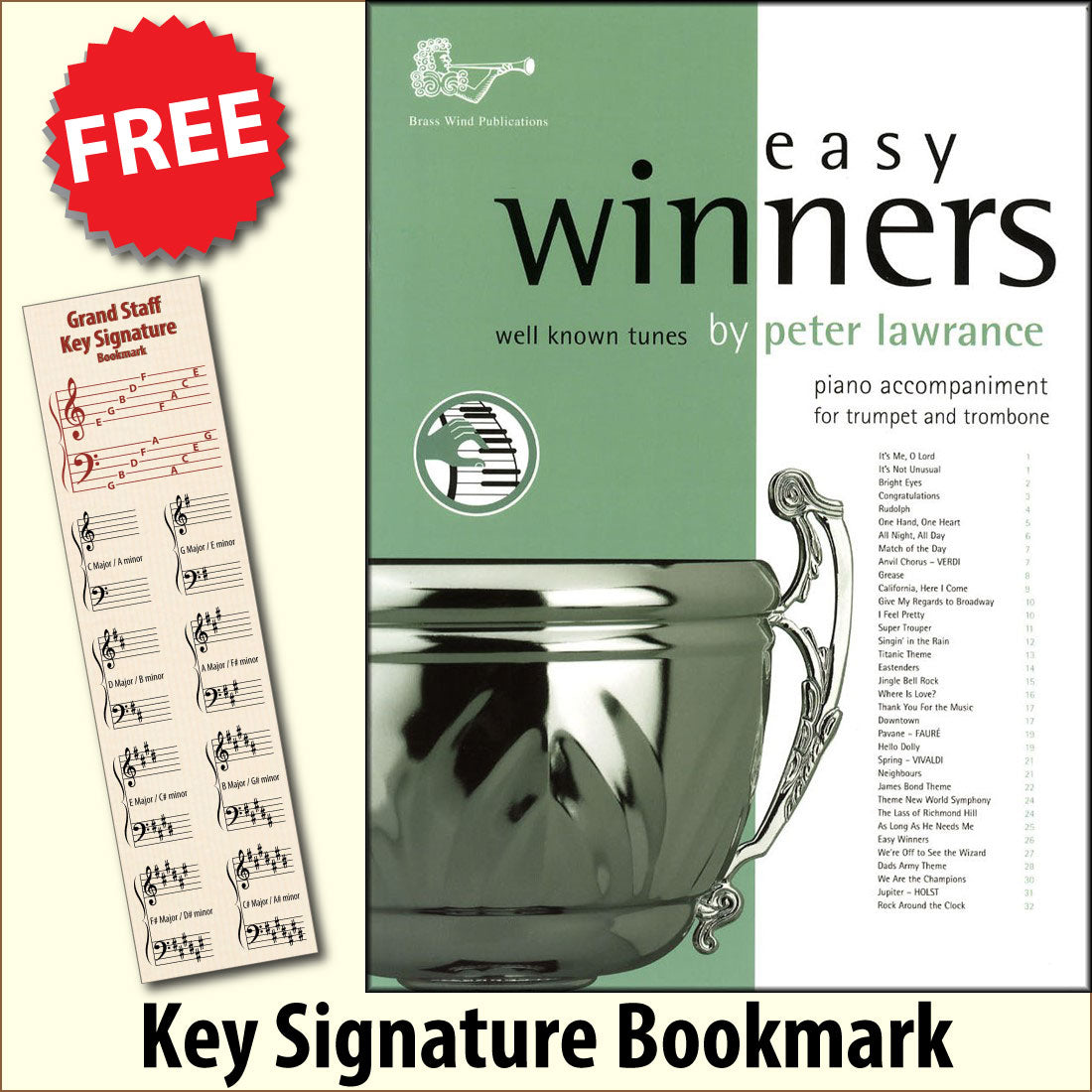 front cover of Easy Winners Piano Accompaniment for Trumpet & Trombone together with free Grand Staff bookmark