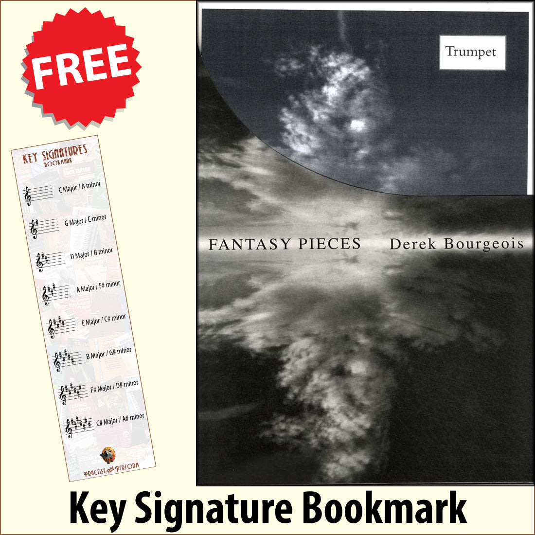 front cover of Fantasy Pieces for Trumpet by Derek Bourgeois together with free Treble Clef bookmark