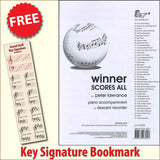 front cover of Winner Scores All Piano Accompaniment for Descant Recorder together with free Grand Staff bookmark