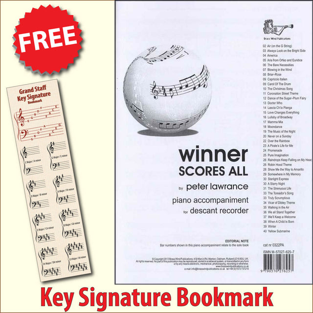 front cover of Winner Scores All Piano Accompaniment for Descant Recorder together with free Grand Staff bookmark