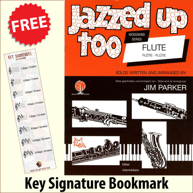 front cover of Jazzed Up Too for Flute by Jim Parker together with free Treble Clef bookmark