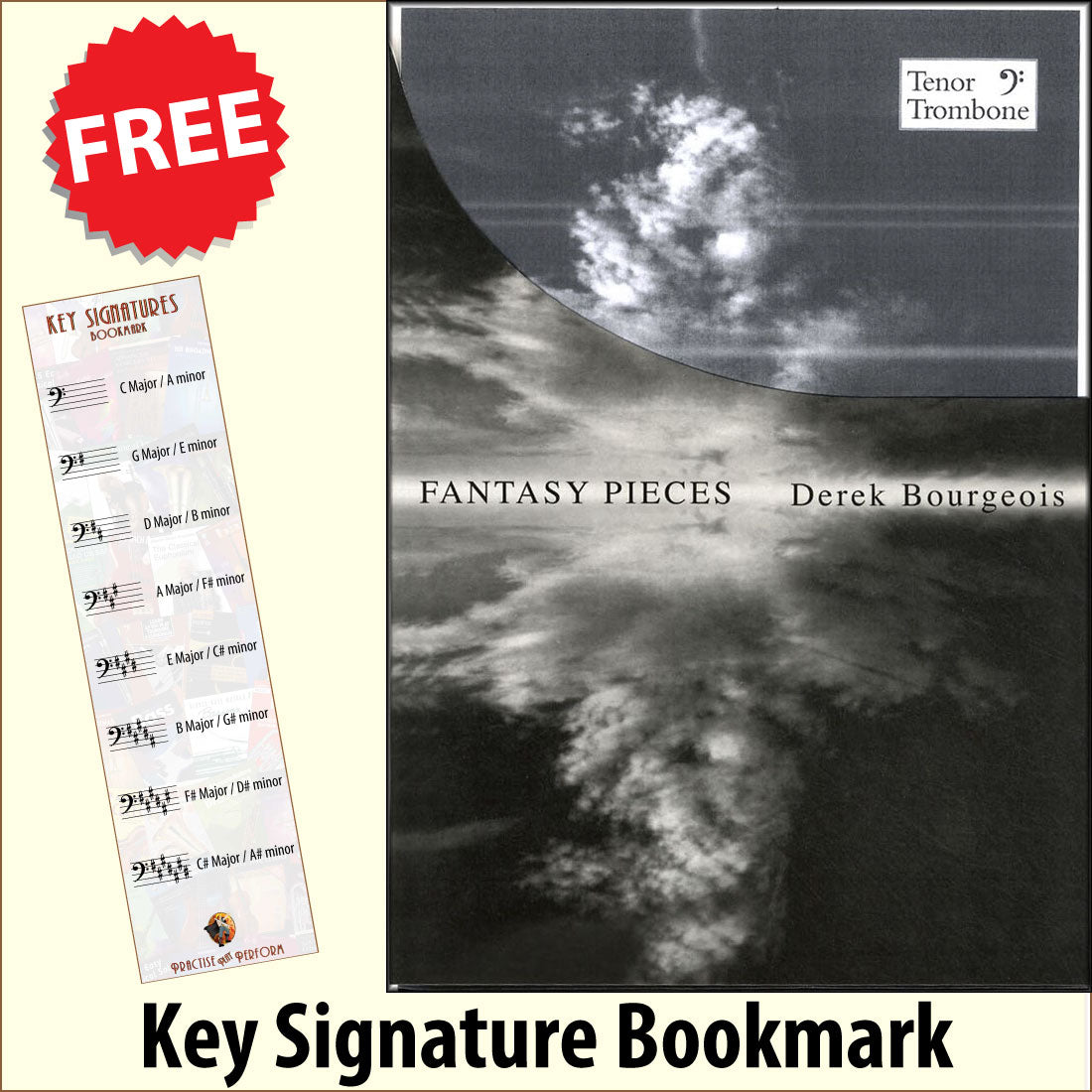 front cover of Fantasy Pieces for Tenor Trombone Bass Clef by Derek Bourgeois together with free Bass Glef bookmark