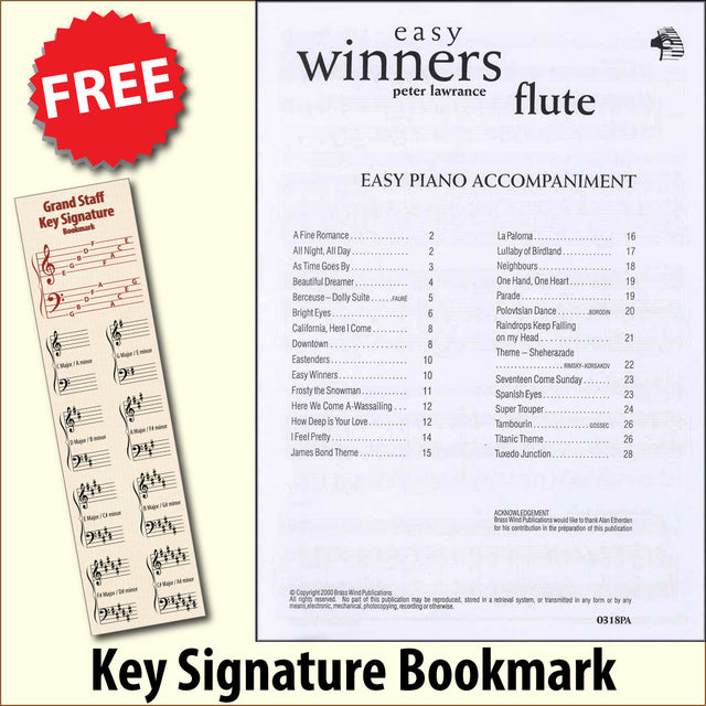 front cover of Easy Winners Piano Accompaniment for Flute together with free Grand Staff bookmark